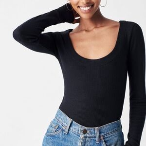 Faherty Legend™️ Rib Monroe Bodysuit, Black, Ribbed Long Sleeve, Size Large